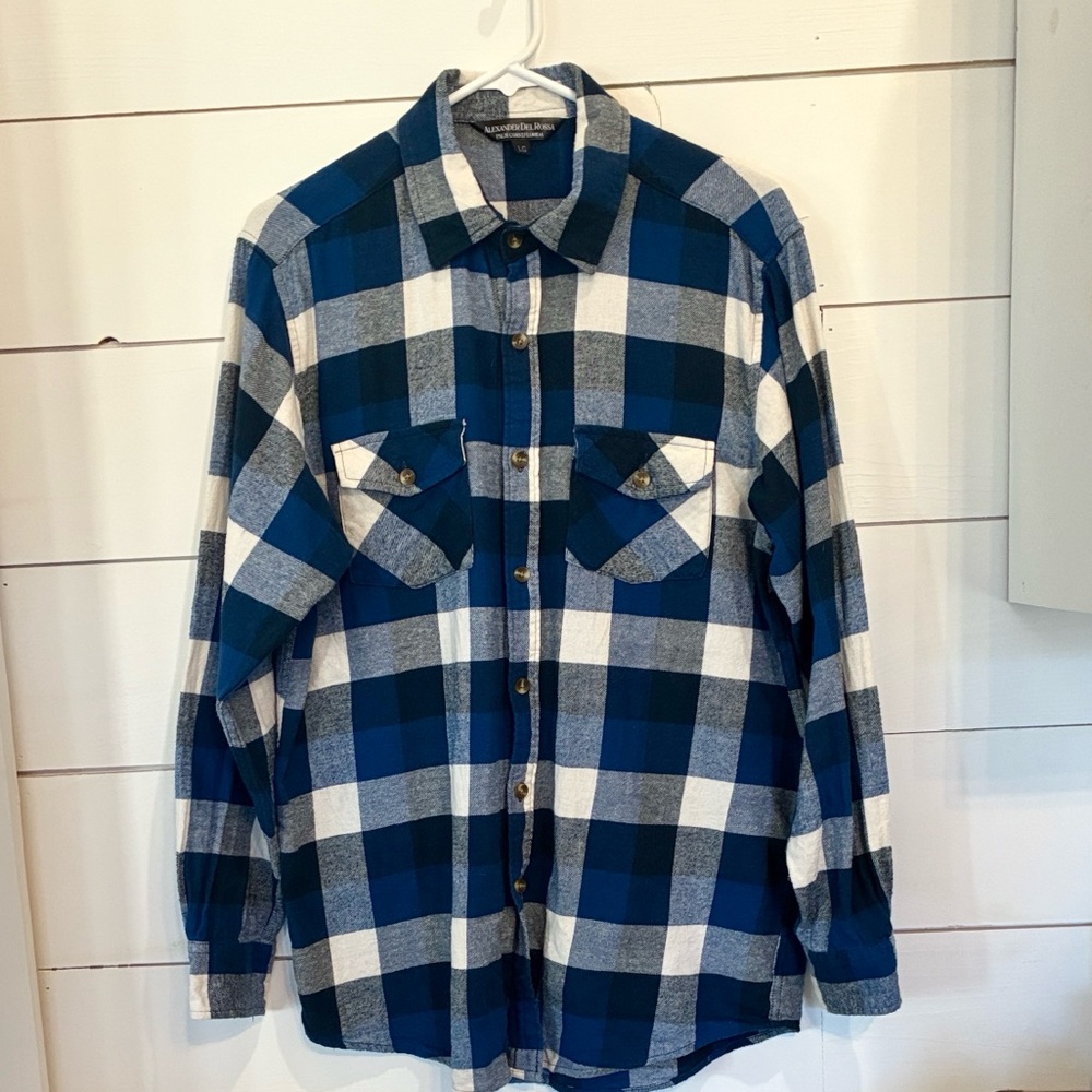 Alexander del Rossa Blue & White Plaid Cotton Flannel Shirt Size Large